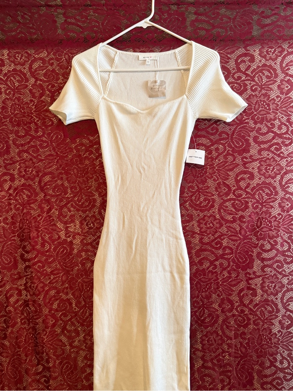 Better Be Ribbed Knit Midi Dress White Sweetheart Neck Size L NWT